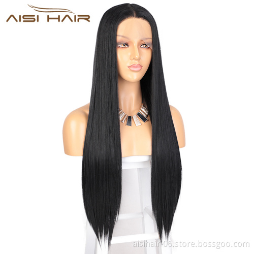 Aisi Hair Wholesale Long Silky Straight Black Wig Middle Part Swiss Lace Wig Synthetic Hair Front Lace Wigs For Black Women